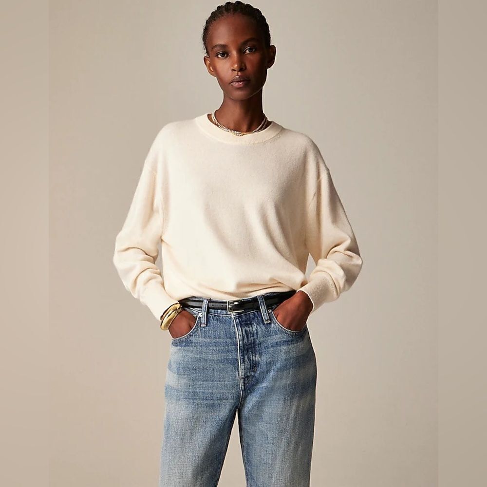 NWT J CREW Cashmere relaxed crewneck sweater in Hthr Muslin ivory - Picture 3 of 7